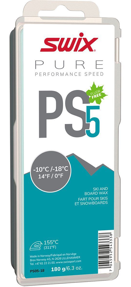 Swix PS5 Turquoise -10°C/-18°C Ski Wax - 180g showing solid rectangular turquoise hydrocarbon wax block, debossed logo and temperature range specifications, large-format protective packaging box, and 150°C iron temperature recommendation.