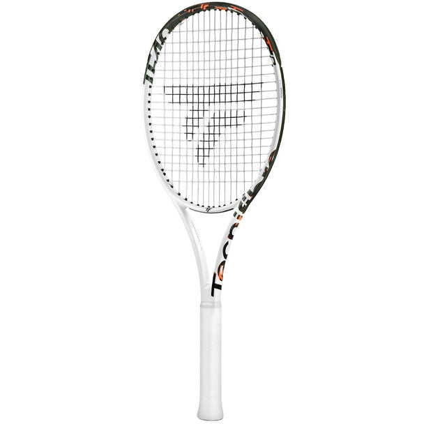 A TECNIFIBRE TF-40 305 16M V3 high-performance tennis racket with a white grip, white and black frame with graphics and text predominantly in orange, and a white string bed.