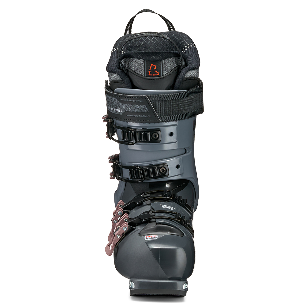 A grey and pink 2027 Tecnica Cochise 95 W women's ski boot that features a walk mode and GripWalk soles, designed for freeride and slack country skiing.