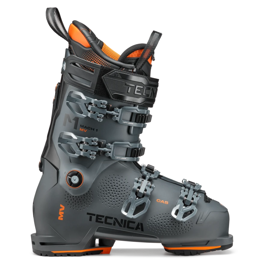 A grey Tecnica Mach 1 110 MV ski boot that features orange accents', a medium fit, and GripWalk soles.