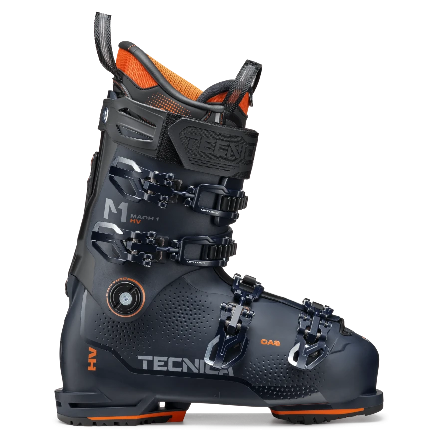 A navy blue 2025 Tecnica Mach 1 120 HV Ski Boot that feaures a stiff, sturdy construction and GripWalk soles.