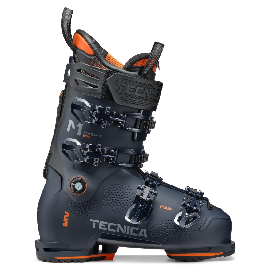 A pair of navy blue Tecnica Mach 1 120 MV ski bootstht feature a stiff construction and GripWalk soles.