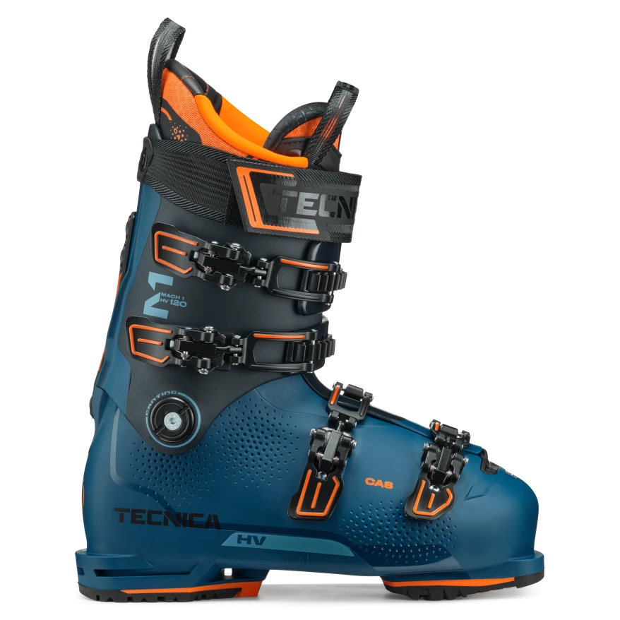 A blue and orange TECNICA MACH 1 HV 120 ski boot with multiple buckles and a distinctive design, featuring GripWalk soles.