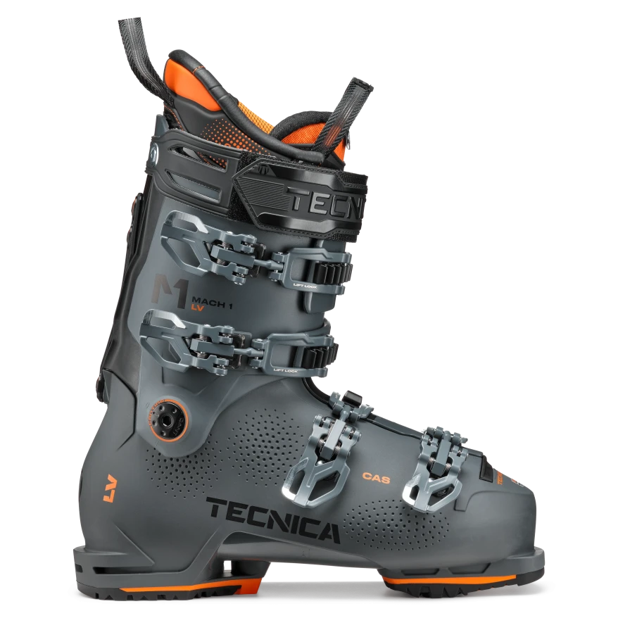 A grey Tecnica Mach 1 110 LV Ski boot that features orange accents and GripWalk soles.