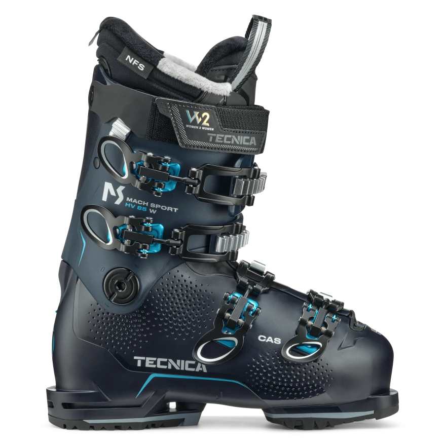 A black TECNICA W MACH SPORT 85 HV ski boot with blue accents, designed for intermediate female skiers.