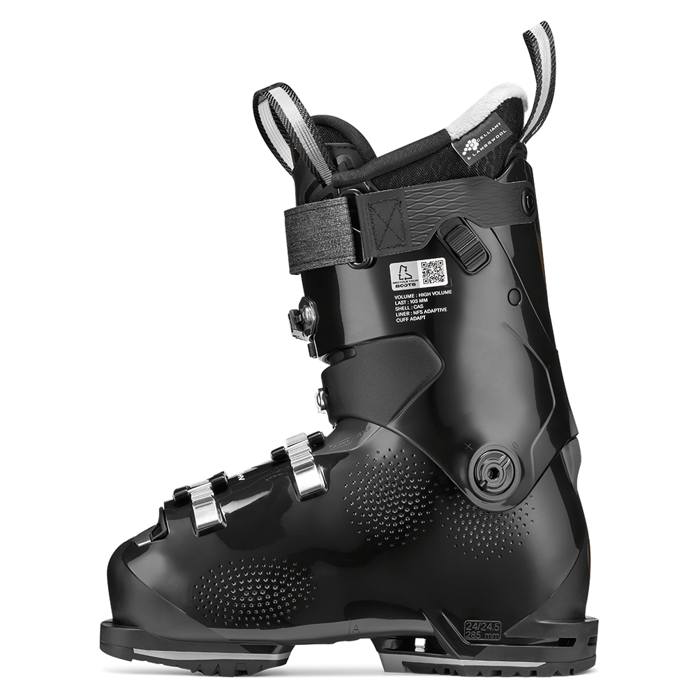 A black 2027 Tecnica Mach Sport HV 85 W women's ski boot that features an 85 flex rating, a comfortable fit, and GripWalk soles.