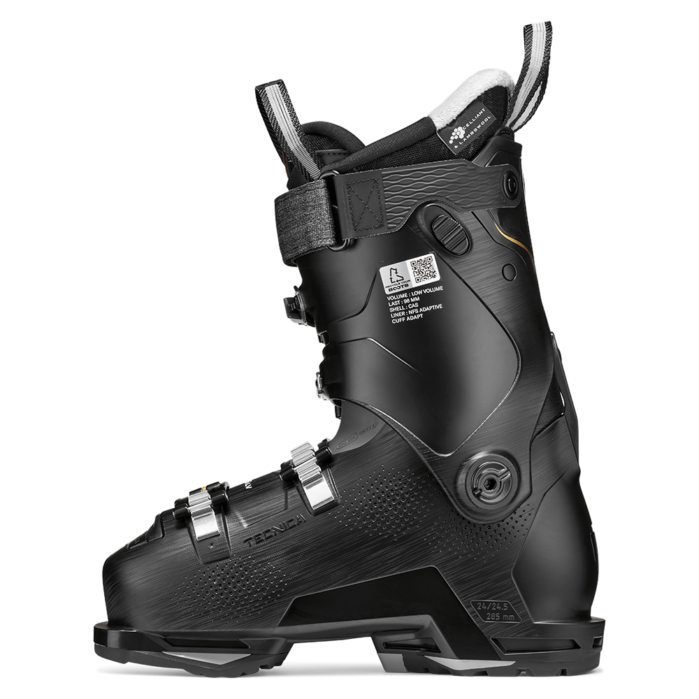 A black 2027 Tecnica Mach Sport LV 85 W women's ski boot that features an 85 flex rating, a narrow fit, and GripWalk soles.