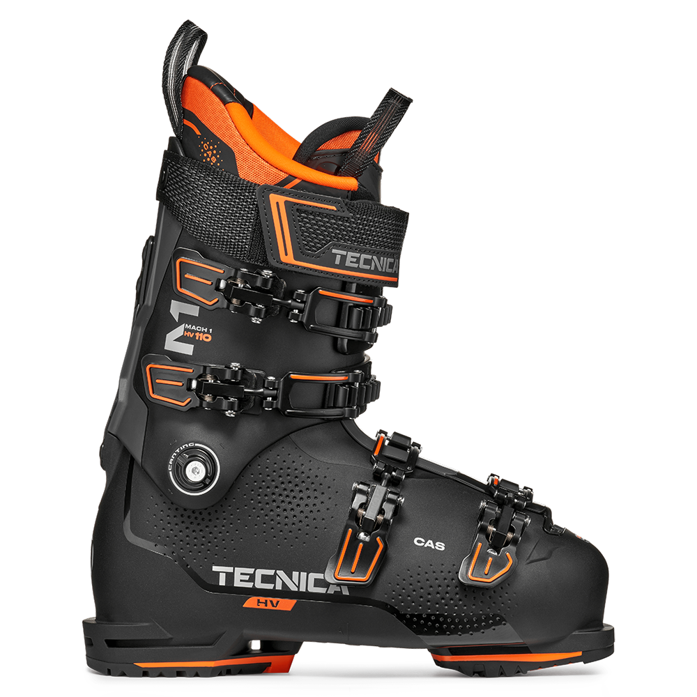 A black and orange 2027 Tecnica Mach1 HV 110 ski boot that features a 110 flex rating, a high-volume fit, and Gripwalk soles.