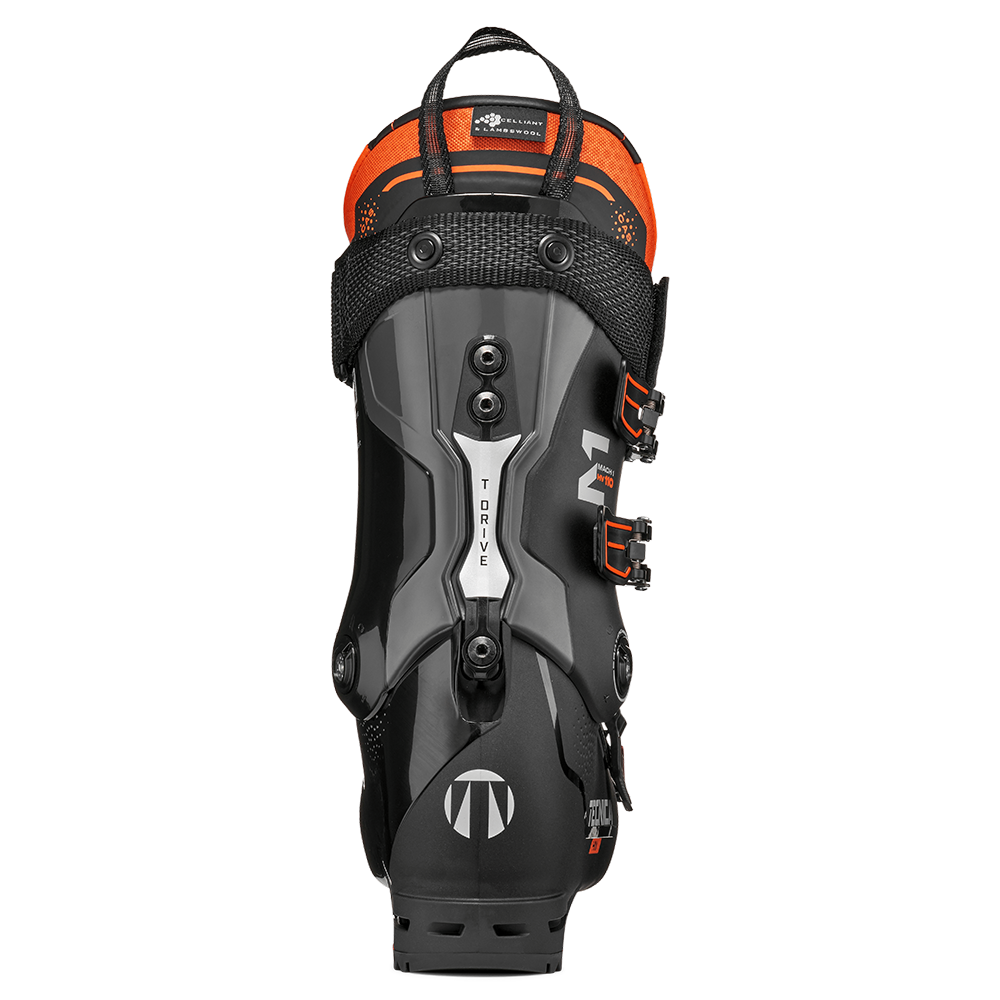 A black and orange 2027 Tecnica Mach1 HV 110 ski boot that features a 110 flex rating, a high-volume fit, and Gripwalk soles.