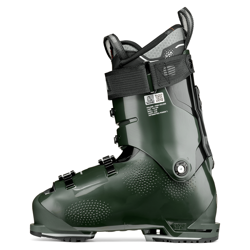 A dark green 2027 Tecnica Mach1 HV 120 ski boot that features a 120 flex rating, a high-volume fit, and is designed for men.