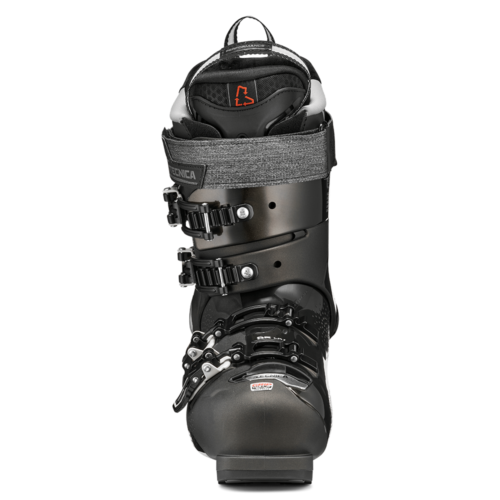 A black 2027 Tecnica Mach1 HV 95 W women's ski boot that features a 95 flex rating, a comfortable fit, and GripWalk soles.