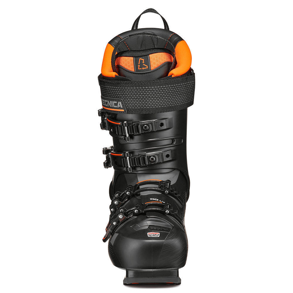A black and orange 2027 Tecnica Mach1 LV 110 ski boot that features a 120 flex rating, a low-volume fit, and GripWalk soles.