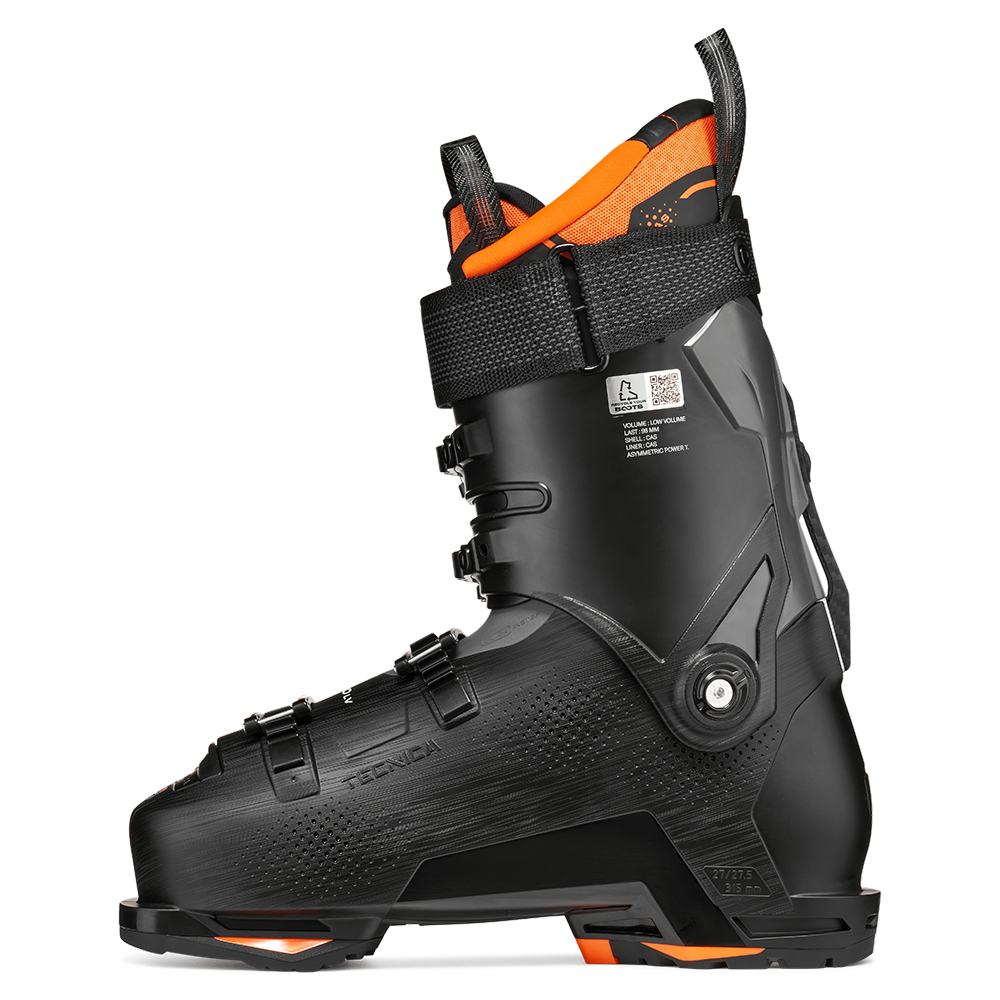 A black and orange 2027 Tecnica Mach1 LV 110 ski boot that features a 120 flex rating, a low-volume fit, and GripWalk soles.