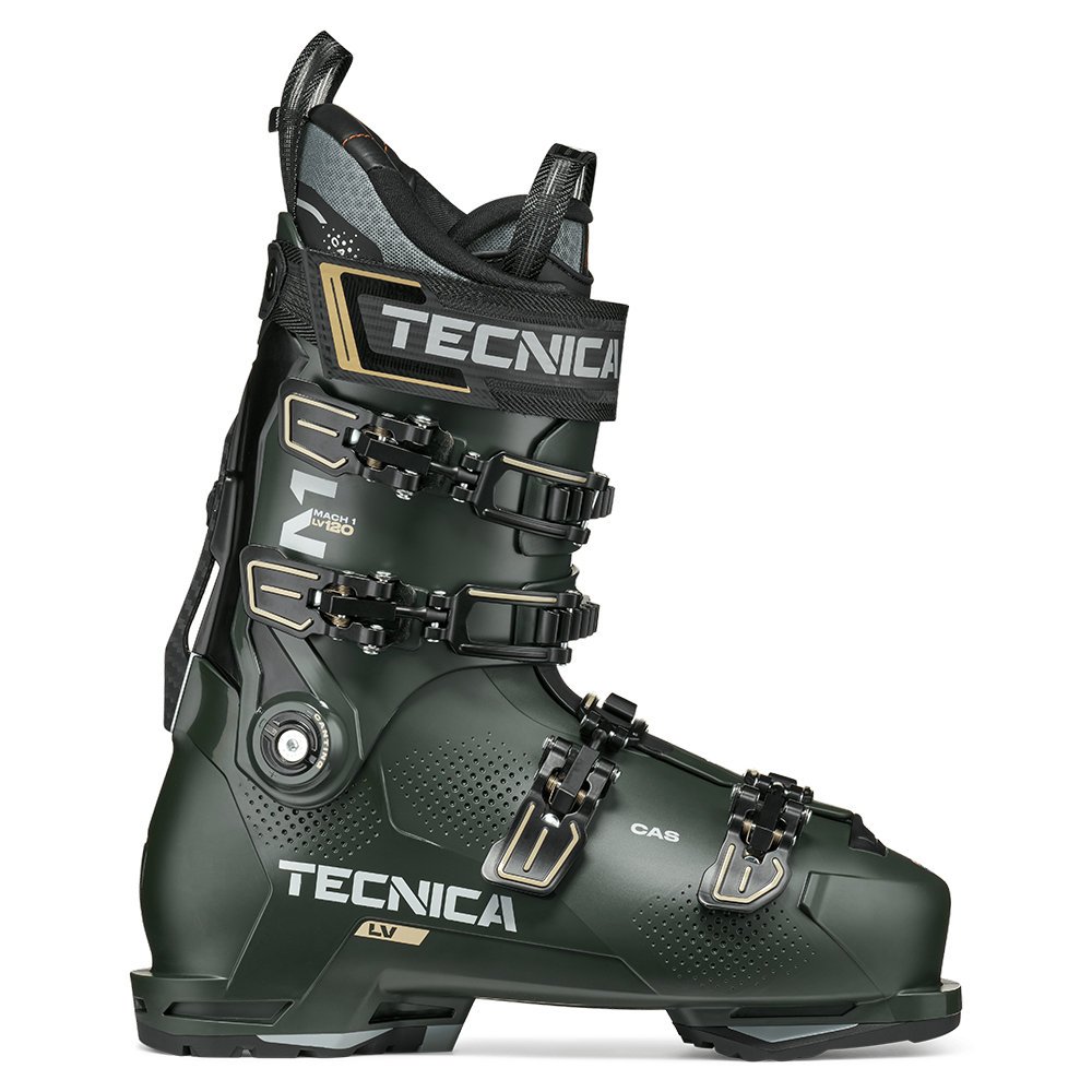 A dark green Tecnica Mach1 LV 120 ski boot that features a 120 flex rating, a low-volume fit, and is designed for men.