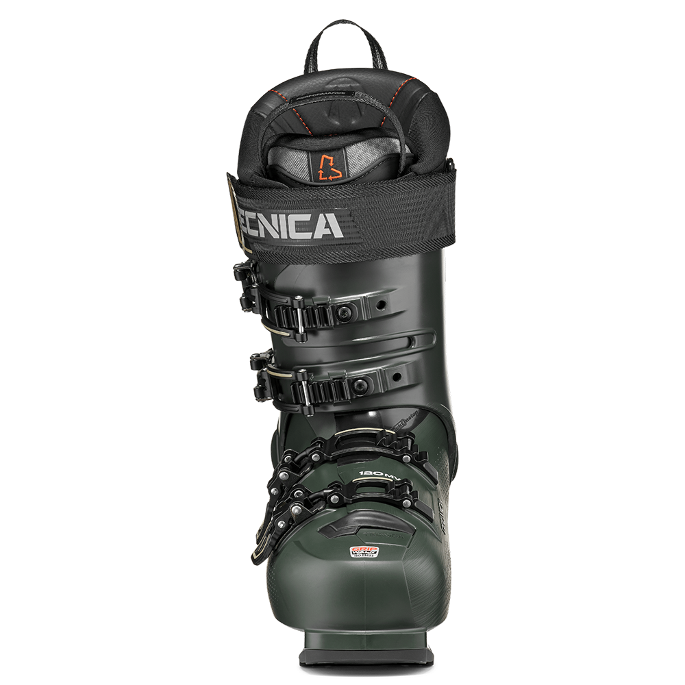 A dark green 2027 Tecnica Mach1 MV 120 ski boot that features a 120 flex rating, a medium-volume fit, and is designed for men.