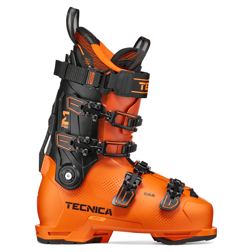 An orange and black Tecnica Mach1 MV 130 ski boot that features a 130 flex rating, a medium volume fit, and is designed for men.
