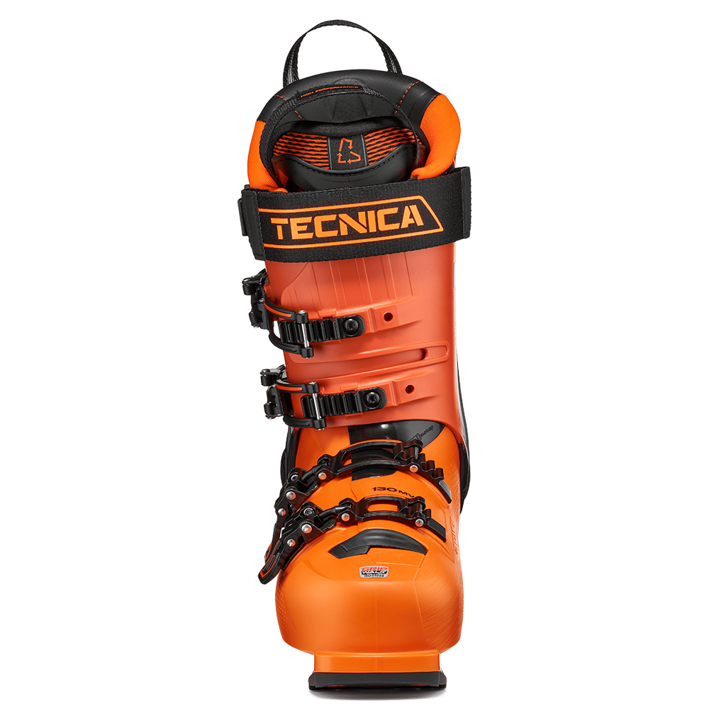 An orange and black Tecnica Mach1 MV 130 ski boot that features a 130 flex rating, a medium volume fit, and is designed for men.