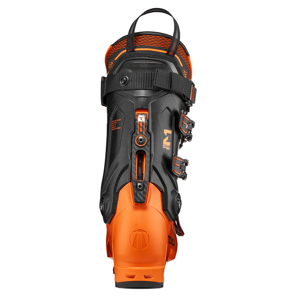 An orange and black Tecnica Mach1 MV 130 ski boot that features a 130 flex rating, a medium volume fit, and is designed for men.