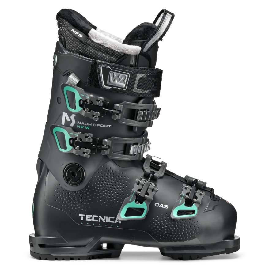 A gray and teal Tecnica Mach Sport 85 HV W ski boot that is designed for women and features GripWalk soles.