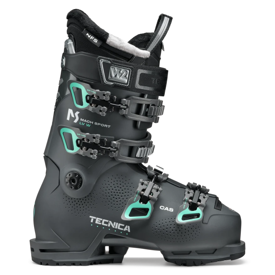 A grey and teal Tecnica Mach Sport 85 LV W ski boot that is designed for women and features GripWalk soles.