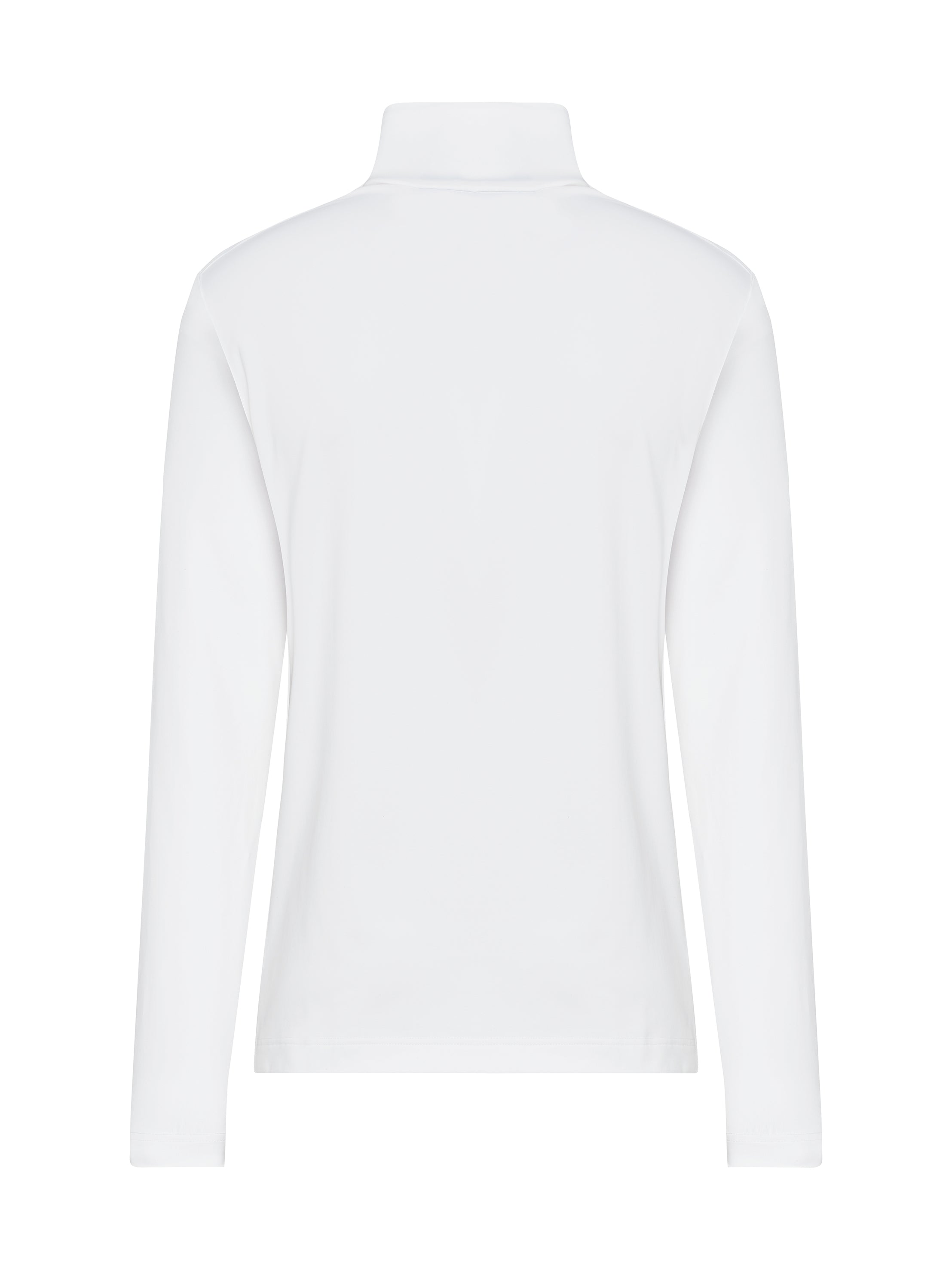 A white Toni Sailer Men's Brendan T-Neck that is moisture-wicking, breathable, and stretchable.
