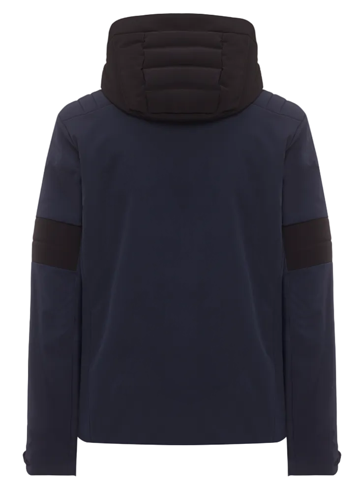 Toni Sailer Men’s Moritz Jacket showing athletic 4-way stretch outer shell, strategic high-loft synthetic insulation chambers, YKK AquaGuard water-repellent zippers, forearm ski pass pocket, and elastic wrist gaiters with thumbholes.