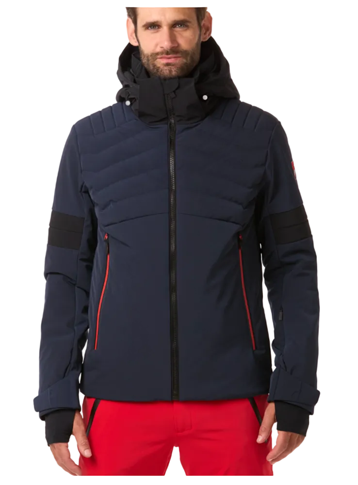 Toni Sailer Men’s Moritz Jacket showing athletic 4-way stretch outer shell, strategic high-loft synthetic insulation chambers, YKK AquaGuard water-repellent zippers, forearm ski pass pocket, and elastic wrist gaiters with thumbholes.