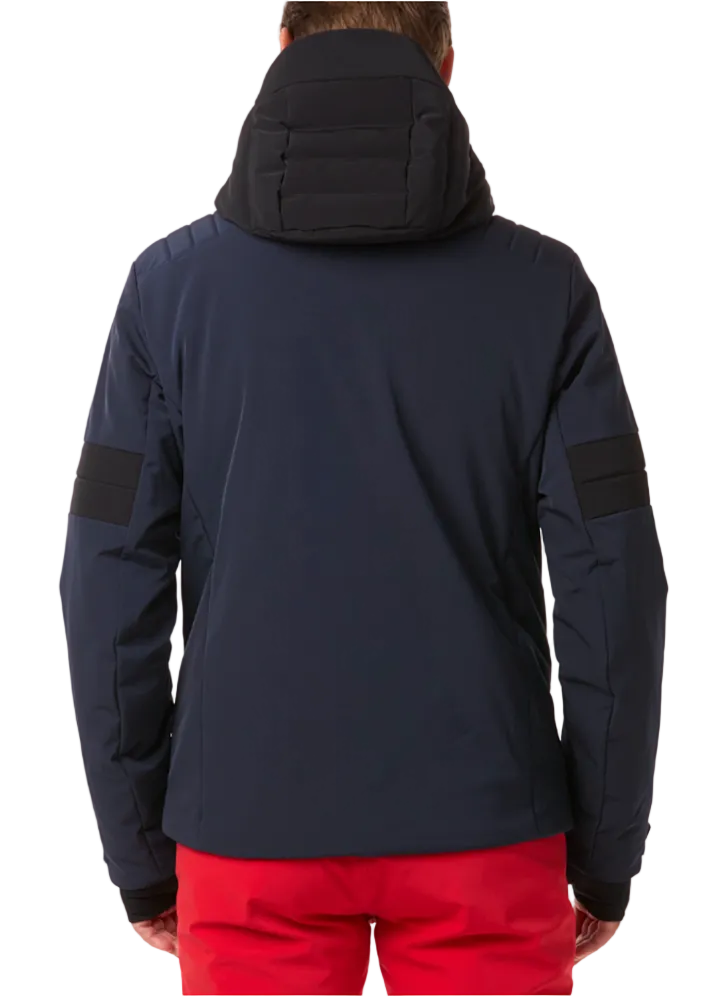 Toni Sailer Men’s Moritz Jacket showing athletic 4-way stretch outer shell, strategic high-loft synthetic insulation chambers, YKK AquaGuard water-repellent zippers, forearm ski pass pocket, and elastic wrist gaiters with thumbholes.