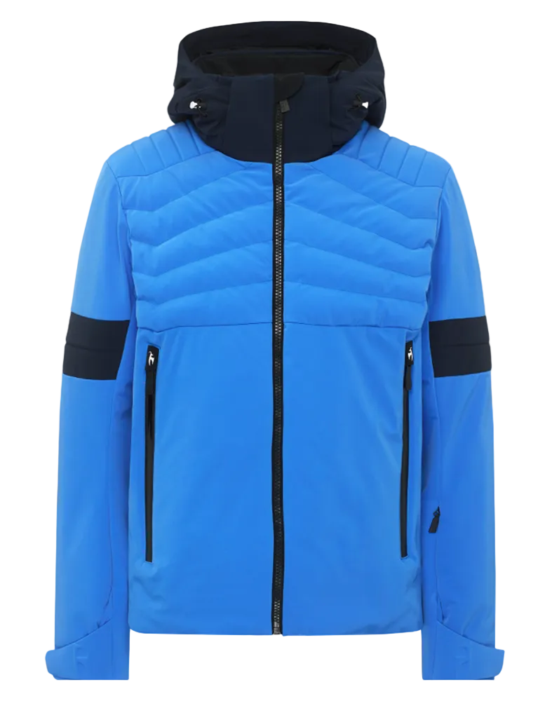 Toni Sailer Men’s Moritz Jacket in mykonos blue showing athletic 4-way stretch outer shell, strategic high-loft synthetic insulation chambers, YKK AquaGuard water-repellent zippers, forearm ski pass pocket, and elastic wrist gaiters with thumbholes.