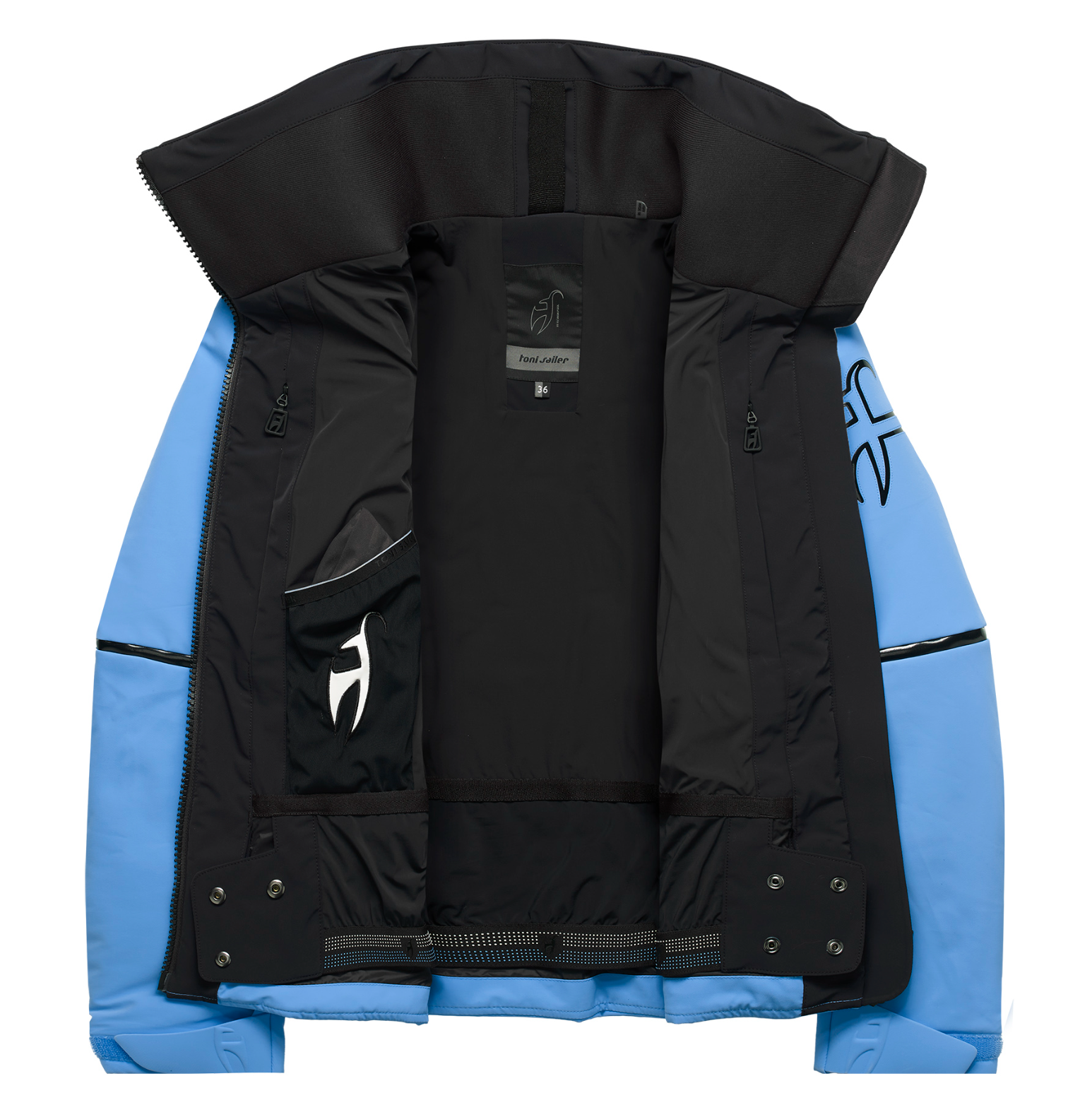A blue and black Toni Sailer Women's Martha Ski Jacket that is made from premium fabrics and insulation that is waterproof, breathable, stretchable, and insulated.