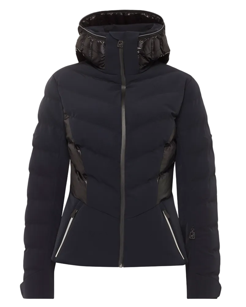 Toni Sailer Women’s Mira Jacket showing tailored 4-way stretch outer shell, bonded baffle insulation chambers, YKK AquaGuard water-repellent zippers, forearm ski pass pocket, and elastic wrist gaiters with thumb loops.