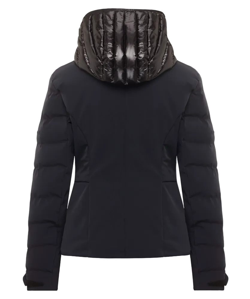Toni Sailer Women’s Mira Jacket showing tailored 4-way stretch outer shell, bonded baffle insulation chambers, YKK AquaGuard water-repellent zippers, forearm ski pass pocket, and elastic wrist gaiters with thumb loops.