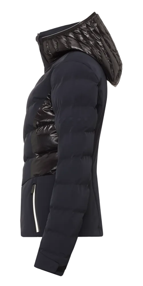 Toni Sailer Women’s Mira Jacket showing tailored 4-way stretch outer shell, bonded baffle insulation chambers, YKK AquaGuard water-repellent zippers, forearm ski pass pocket, and elastic wrist gaiters with thumb loops.