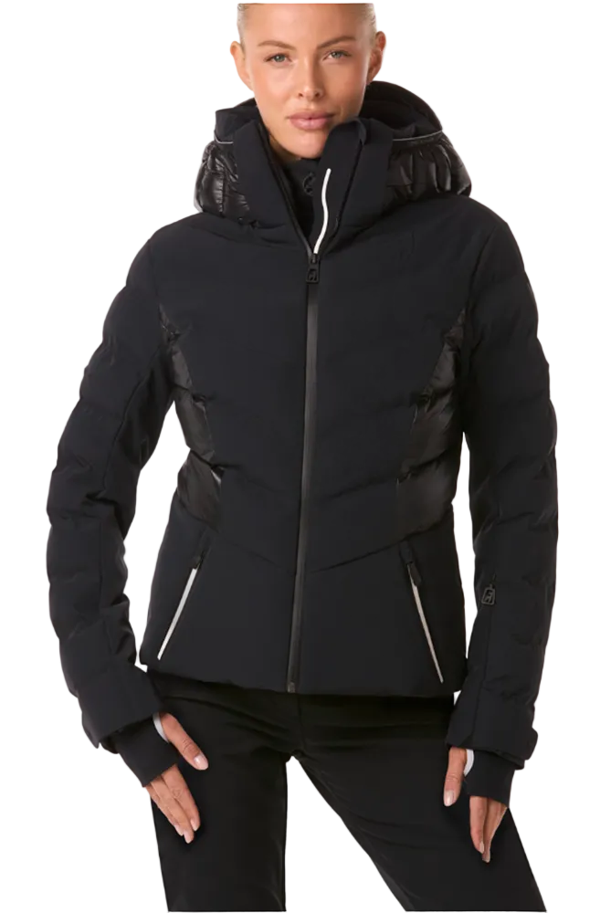 Toni Sailer Women’s Mira Jacket showing tailored 4-way stretch outer shell, bonded baffle insulation chambers, YKK AquaGuard water-repellent zippers, forearm ski pass pocket, and elastic wrist gaiters with thumb loops.
