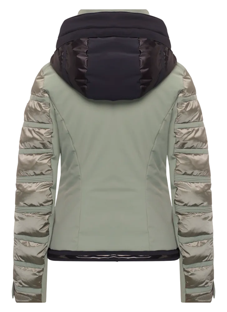 Toni Sailer Women’s Swinta Splendid Jacket showing 4-way stretch fabric with shiny jet-fabric accents, high-loft insulation baffles, YKK AquaGuard water-repellent zippers, forearm ski pass pocket, and elastic wrist gaiters with thumbholes.