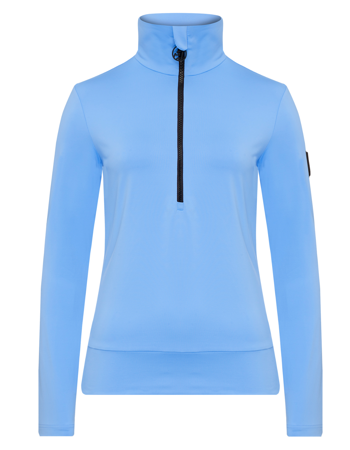 A light blue Toni Sailer Women's Wieka half zip turtle neck top that is lightweight, breathable, moisture-wicking, and sretchable.