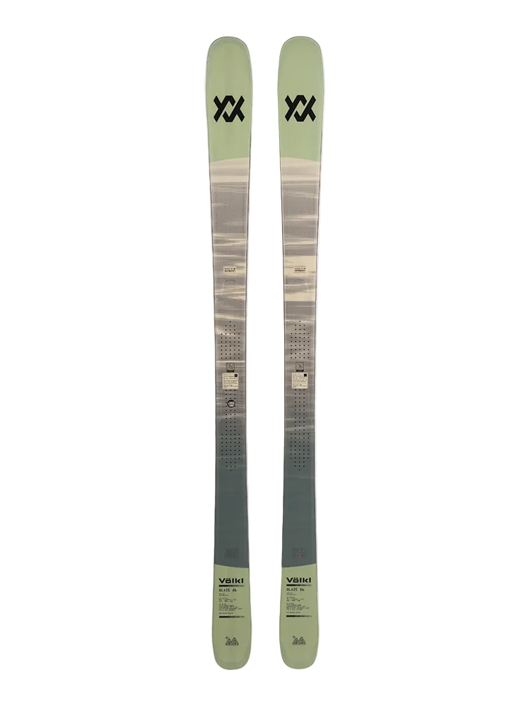A pair of green and gray 2027 Volkl Blaze 86 skis that are designed for all-mountain skiing.