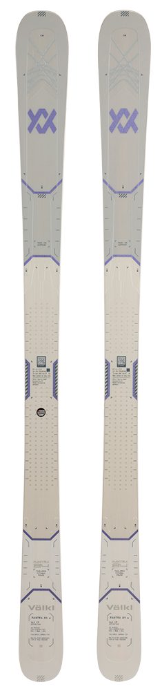 A pair of white and purple 2027 Volkl Mantra 84 W skis that are designed for advanced female skiers.