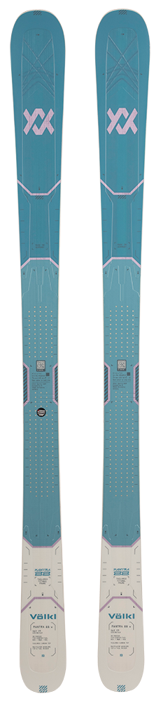 A pair of blue and pink 2027 Volkl Mantra 88 W skis that are designed for advanced all-mountain female skiers.