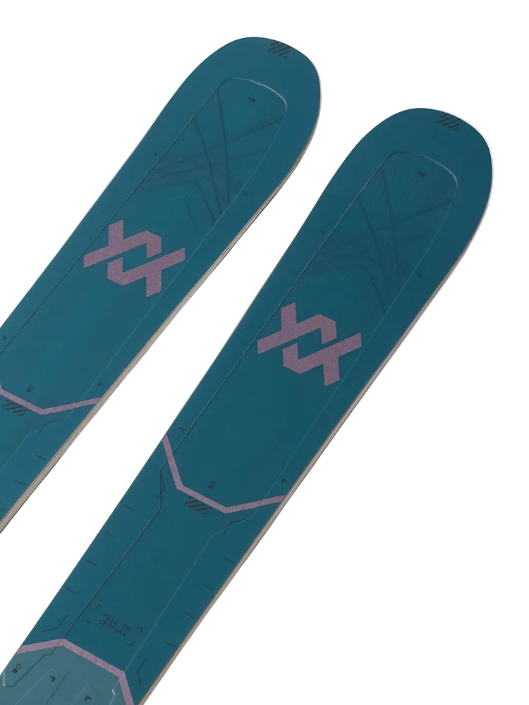 A pair of blue and pink 2027 Volkl Mantra 88 W skis that are designed for advanced all-mountain female skiers.