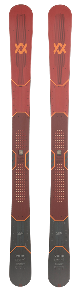 A pair of red and black 2027 Volkl Mantra Jr skis that are designed for all-mountain skiing.