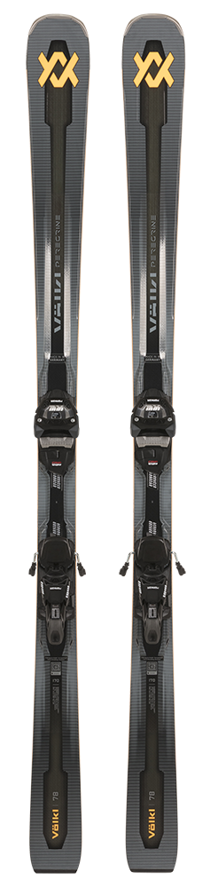 A pair of gray 2027 Volkl Peregrine 78 skis that are designed for intermediate on-piste skiers.