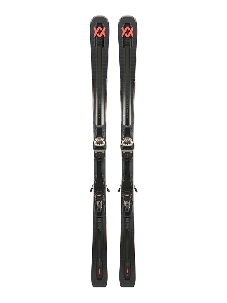 A pair of black 2027 Volkl Peregrine 80 skis that are designed for aggressive on-piste carving.