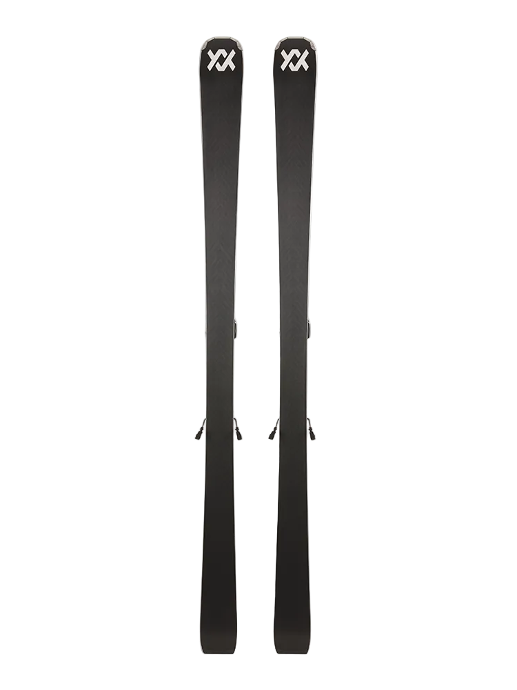 A pair of black 2027 Volkl Peregrine 80 skis that are designed for aggressive on-piste carving.