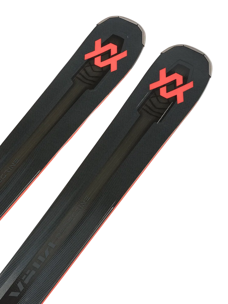 A pair of black 2027 Volkl Peregrine 80 skis that are designed for aggressive on-piste carving.