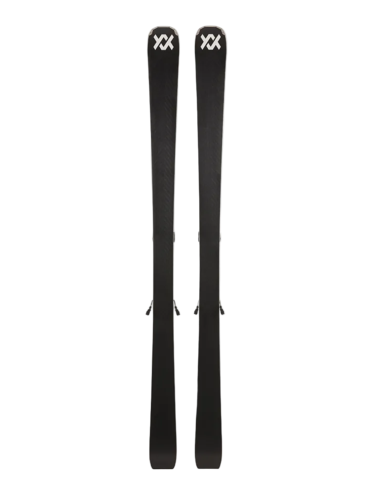 A pair of black 2027 Volkl Peregrine 82 skis that feature an integrated binding system and are designed for advanced on-piste skiers.