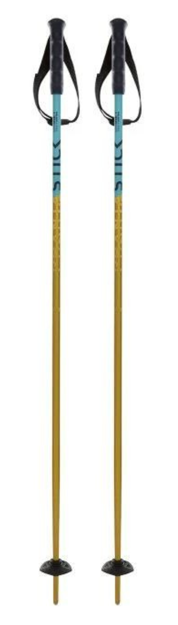 A pair of gold and blue Volkl Phantastick Junior Ski Poles that are lightweight and designed for kids.