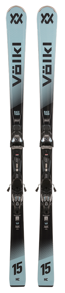 A pair of blue 2027 Volkl Racetiger MC skis that are designed for aggressive frontside carving.
