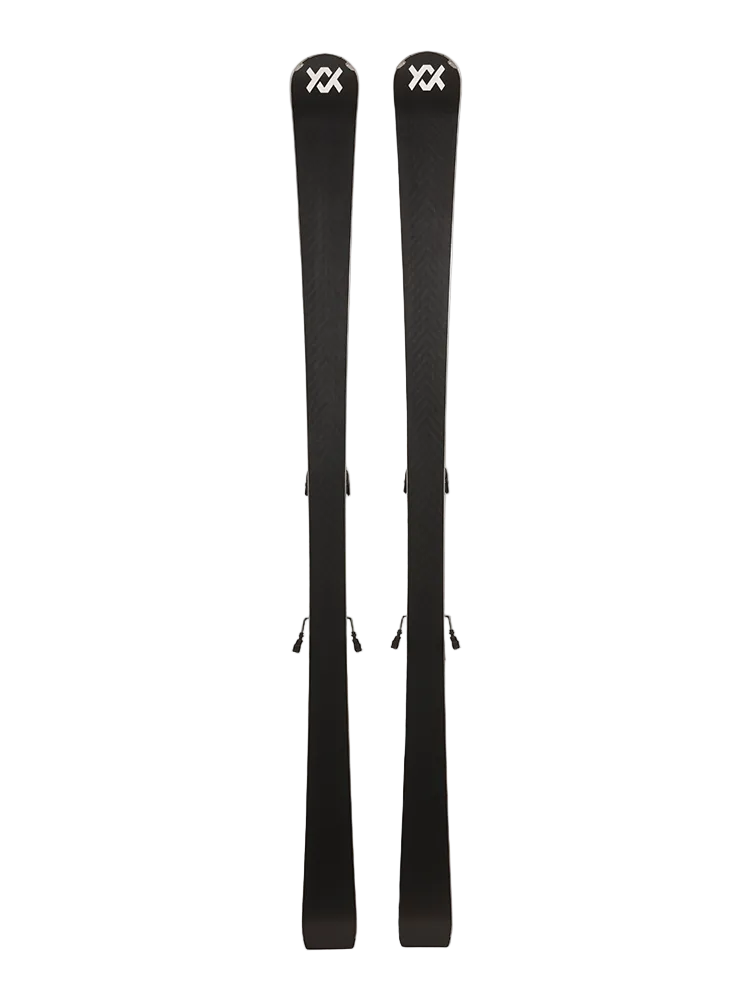 A pair of black 2027 Volkl Racetiger SC skis that are designed for aggressive on-piste carving.