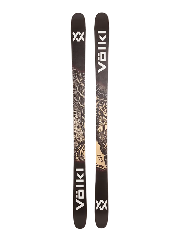 A pair of black and white 2027 Volkl Revolt 96 skis that are intended for freestyle skiing.